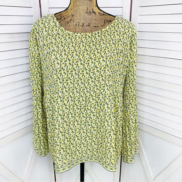 Max Studio Flower Bud Crepe Pleated Blouse Yellow Ivory Large - Picture 1 of 15